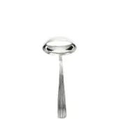 Silver sauce ladle with a rounded bowl and ribbed handle, studio shot on a white background, polished metallic finish.