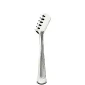 Stainless steel spaghetti tongs with ridged handles and a scalloped head, displayed on a white background in a studio setting.