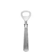 Silver bottle opener with curved top and vertically ribbed handle, featuring “MADE IN ITALY” embossing on polished metal.