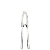 Silver nut cracker, stainless steel, hinged design with ridged opening and polished metallic sheen, stamped “INOX”.