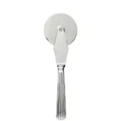 Pizza cutter, silver-toned stainless steel, circular blade with ribbed handle and angular bracket, Godinger inscription.