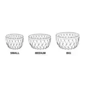 Canaria towel baskets, woven dark lines, rounded shape, three sizes—small, medium, big—with light striped rims against white backdrop.