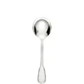 Silver soup spoon with rounded bowl, slender handle, vertical ribbing, and polished reflective surface against a white backdrop.