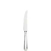 Silver steak knife with stainless steel blade, fluted handle, and SOLA ZACK etching against a white backdrop.