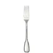 Silver table fork with four tines, curved handle, and oval detail—polished metal reflects light against a white backdrop.