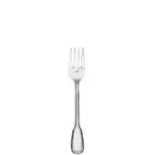 Stainless steel fish fork with elongated handle and teardrop finial, featuring four slender tines and a polished, reflective surface.