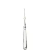 Silver lobster fork with elongated handle, flared base, floral details, and two-pronged tip for extracting lobster meat, studio shot.