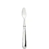 Sterling silver shellfish knife with curved blade, oval handle, floral motif, vertical fluting, and geometric patterns, polished sheen.
