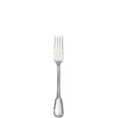 Silver fruit fork with curved tines, slender handle, oval end, vertical ridging, and embossed floral detail on white background.