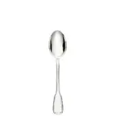 Silver fruit spoon with oval bowl, slender curved handle, and polished reflective finish, displaying traditional silverware design.