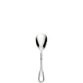 Silver ice cream spoon, oval bowl, slender handle, polished stainless steel, centered on white background, refined oval detail.