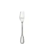 Silver dessert fork with polished finish, slender handle, oval embossed base, and four pointed tines for formal dining.