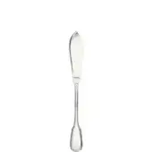 Silver dessert knife with curved blade and slender handle, polished metal, streamlined design, studio product shot on white background.