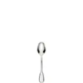 Silver coffee spoon with oval bowl and slender handle, studio shot on white background, polished reflective surface.