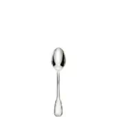 Silver teaspoon, polished sterling silver, elongated oval bowl, slender curved handle, rounded base, reflective surface, white background.