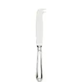 Cheese knife, silver-toned stainless steel, with fluted handle, wide flat blade, and notched tip, studio shot on white background.