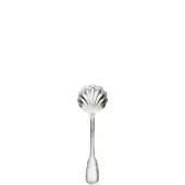 Silver cheese spoon with scalloped, perforated bowl and slender handle, polished reflective surface, classic design on white background.