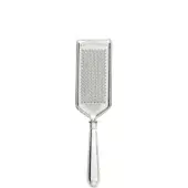 Silver parmesan grater, rectangular shape, curved handle with seashell detail, “Sabatino Vince - Made in Italy” inscription, polished metal finish.