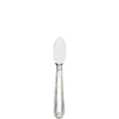Silver parmesan knife with curved blade, ribbed rectangular handle, floral motif, and “925” sterling silver stamp against white backdrop.