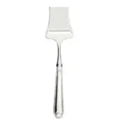 Parmesan cheese slicer, silver-toned metal, rectangular blade with curved handle and shell-like detail, polished finish, studio shot.