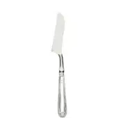 Silver cheese knife with curved blade, fluted handle, and embossed markings, studio shot on white background.