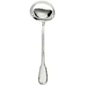 Silver ladle with rounded bowl and slender handle, polished finish, studio shot on white background, ornate detail connecting bowl to handle.