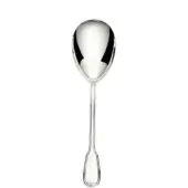 Silver serving spoon with oval bowl and polished reflective surface, featuring a slender handle and rectangular, bordered end.
