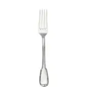 Silver serving fork with four tines, rectangular handle indentation, and floral motif, polished stainless steel against white backdrop.