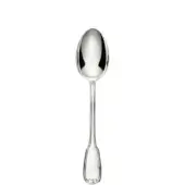 Silver serving spoon, polished metal, elongated oval bowl, curved handle, rounded end, brand mark, reflective surface, white background.