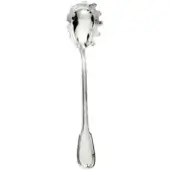 Silver pasta spoon with perforated bowl, slender handle, embossed panel, and scrolled end, studio shot on white background.