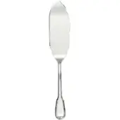 Silver-plated cake server knife with curved scalloped blade and slender, embossed handle, displayed on a white background.