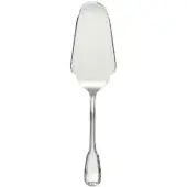 Silver cake server with curved blade, fluted handle, and teardrop finial, studio shot on white background.