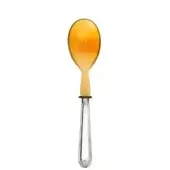 Serving fork with natural horn amber bowl and polished silver fluted handle, inscribed “natural horn,” against a white backdrop.