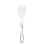 Silver serving fork with clear plexiglass tines, slender fluted handle, floral motif, polished sheen, Cassoni brand detail, studio shot.