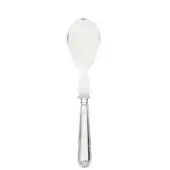 Serving spoon with clear plexiglass bowl and polished silver fluted handle, embossed “Balmoral”, against a white backdrop.