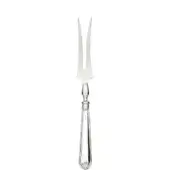 Silver carving fork with three-pronged tip, fluted handle, and shell-shaped finial, displayed on a white background.