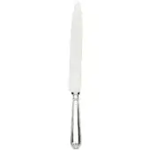 Silver carving knife with polished blade, fluted handle, shell motif, and etched initials “R.A.K.S.” against a white backdrop.