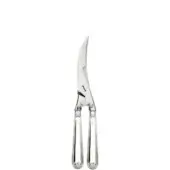 Poultry sheers, silver-toned metal, ornate handles with shell details and stainless steel blades—serrated and smooth edges—pivot point visible.