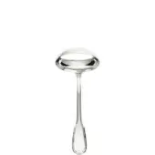 Silver sauce ladle, polished silver, large bowl shape with floral motif and slender handle, studio product shot.