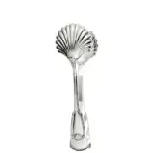 Silver-plated bread tongs with radiating scallop design, slender handle, polished reflective finish, studio product shot.