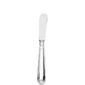 Silver butter knife with rounded blade, fluted handle, and shell-like motifs, studio shot on white background.