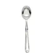 Silver ice cream spoon with oval bowl, fluted handle, and shell motif, studio shot on white background, polished metal finish.