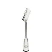 Silver spaghetti tongs with flared, scallop-shaped handles and rectangular slotted heads displayed on a white background.