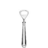 Silver bottle opener with circular lever, slender handle, flared base, and vertical fluting, polished metallic sheen on white background.