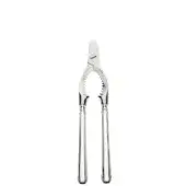 Silver champagne tongs with ridged handles and notched gripping surface against a white backdrop.