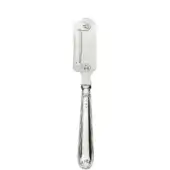 Silver lemon peeler with fluted handle and stainless steel curved blade, studio shot on white background, detailed metalwork.