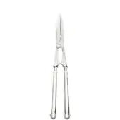 Lobster tongs, polished silver metal, slender handles with rounded ends and a central pivot screw, pointed and serrated jaws.