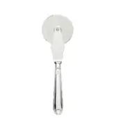 Silver pizza cutter with flared handle, circular blade, and embossed Zepter branding, polished metal finish.