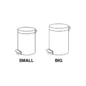 Cylindrical pedal bins, black and white line drawing, labeled “SMALL” and “BIG”, side-by-side, rounded lids, foot pedal base, functional design.