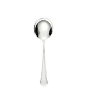 Silver soup spoon with rounded bowl and polished reflective surface, featuring a slender handle with vertical ridge detail and flared base.